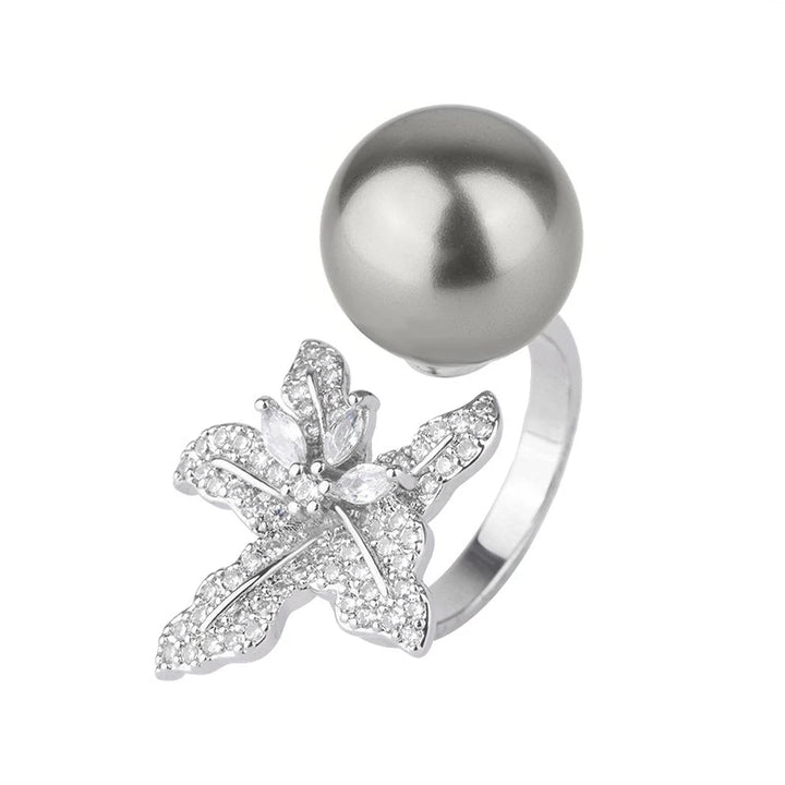 Huitan Hot Trendy Simulated Pearl Rings Adjustable Opening Rings with Exquisite Flower Temperament Finger Accessories for Women