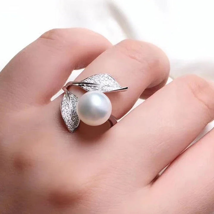 CAOSHI Elegant Lady Leaf Shape Finger Ring with Bright Zirconia Graceful Exquisite Simulated Pearl Accessories for Engagement