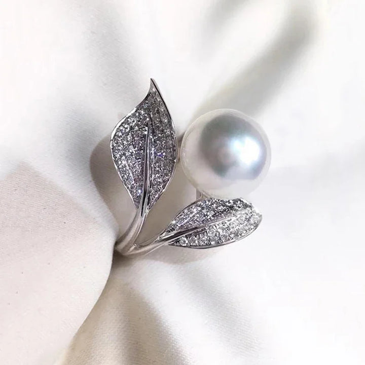 CAOSHI Elegant Lady Leaf Shape Finger Ring with Bright Zirconia Graceful Exquisite Simulated Pearl Accessories for Engagement