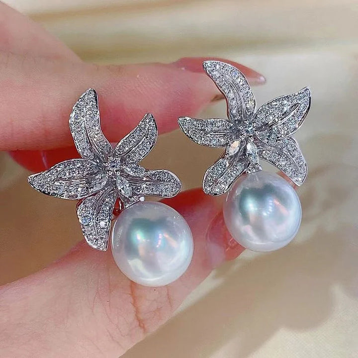 Huitan Gorgeous Flower Imitation Pearl Earrings Women Luxury Inlaid Sparkling CZ Stone Fashion Wedding Jewelry Wholesale Lots